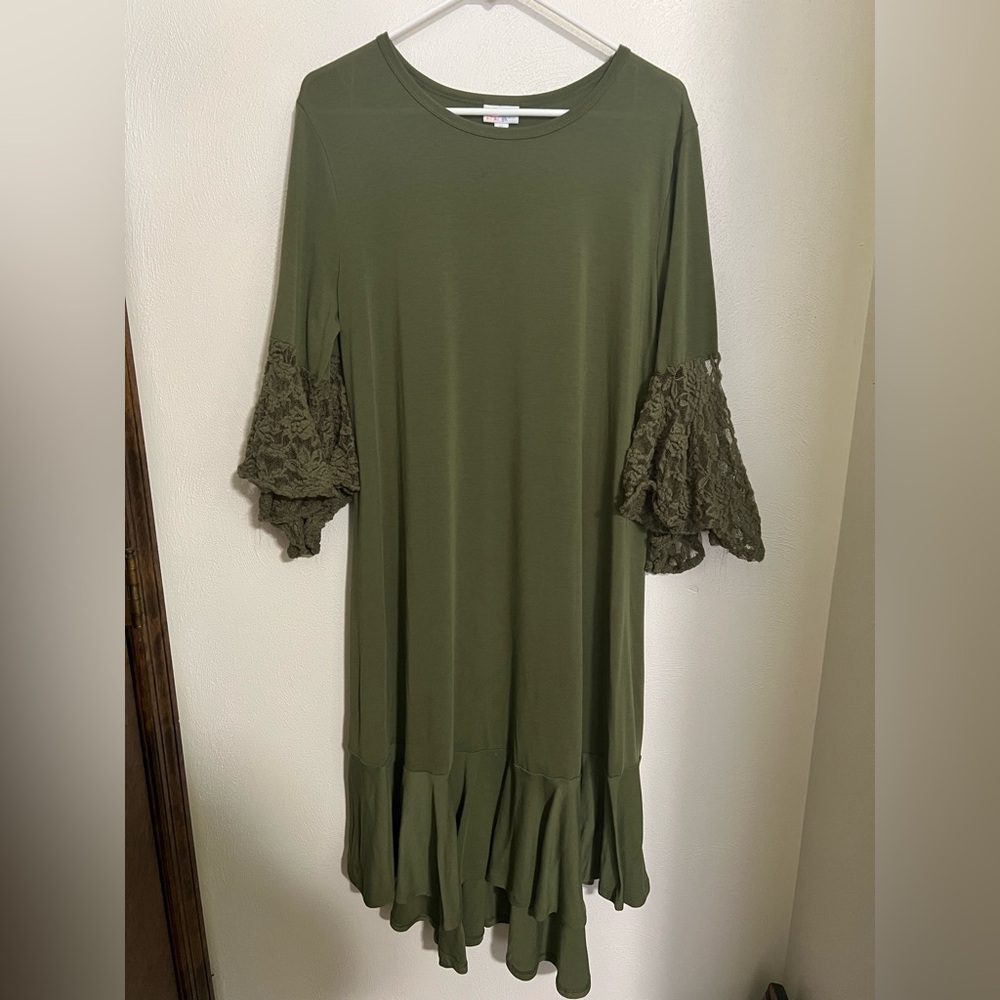 LULAROE Maurine Dressโ with Lace Bell Sleeves and Ruffles Olive Green Women's XL